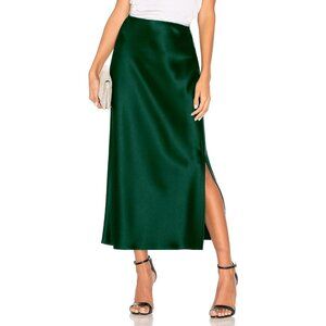 Women's Green Satin Elastic Silk Slip A Line Flowy Ruffle Cocktail Midi Skirt